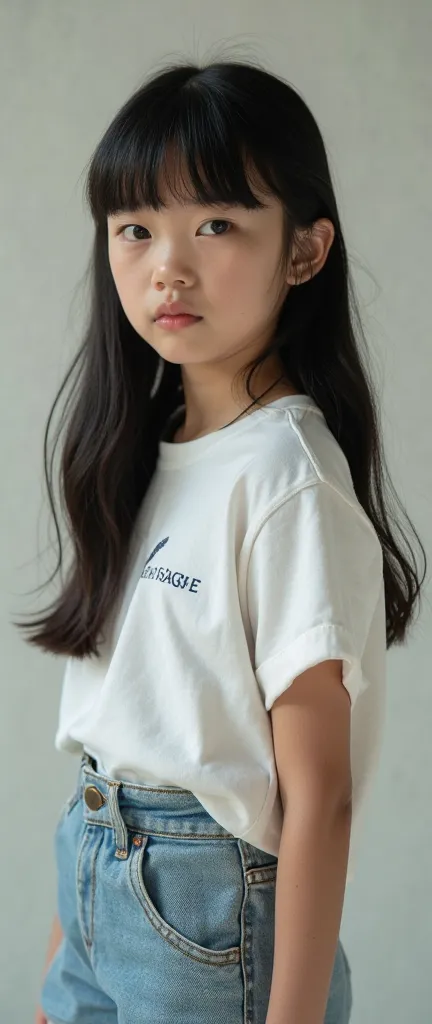 nine year old girl, straight black hair, French bangs standing looking at the camera,  clothing from the American Eagle brand , hyperrealistic navy blue,  identical to personal reality , ultra high film quality ,  lots of lighting. 