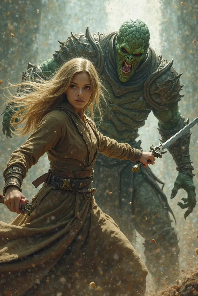 A beautiful young woman with long straight blond hair wearing a brown robe in combat against a green humanoid being with a horrible face wearing realistic armor