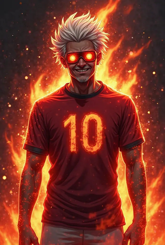 A male fiery demonic human with messy white hair and an ominous smile. His body is shrouded in shadows and burning flames, details with red ski goggles adorned with glowing details that highlight his monstrous shape. He wears a shirt called ringer t-shirt ...