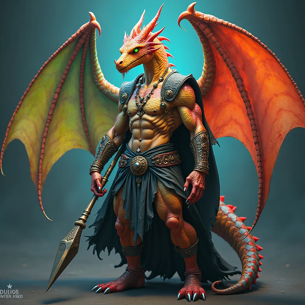 Hyper realistic photo image. Male Celestial rainbow anthropomorphic wingless dragon God. Full bright rainbow colored scale wingless dragon-human male hybrid with v-shaped torso very muscular body builder with narrow waist and well rounded buttocks and real...