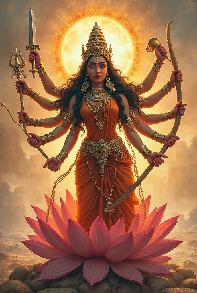 Goddess Durga is depicted with multiple arms, each carrying a weapon or sacred object that symbolizes different aspects of divine power and protection. Here is a detailed explanation of each weapon and its significance:

1. Trishul (Trident) – Power Over E...