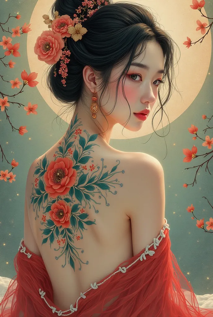 Ancient Chinese Women, above waist，There is a flower tattoo on the bare back，red and turquoise flowers, on the bed，ukiyo-style, Guviz-style artwork, Guviz, alphonse mucha and rossdraws, a beautiful artwork illustration, by Li Song, by Yang J, Authors：Will ...