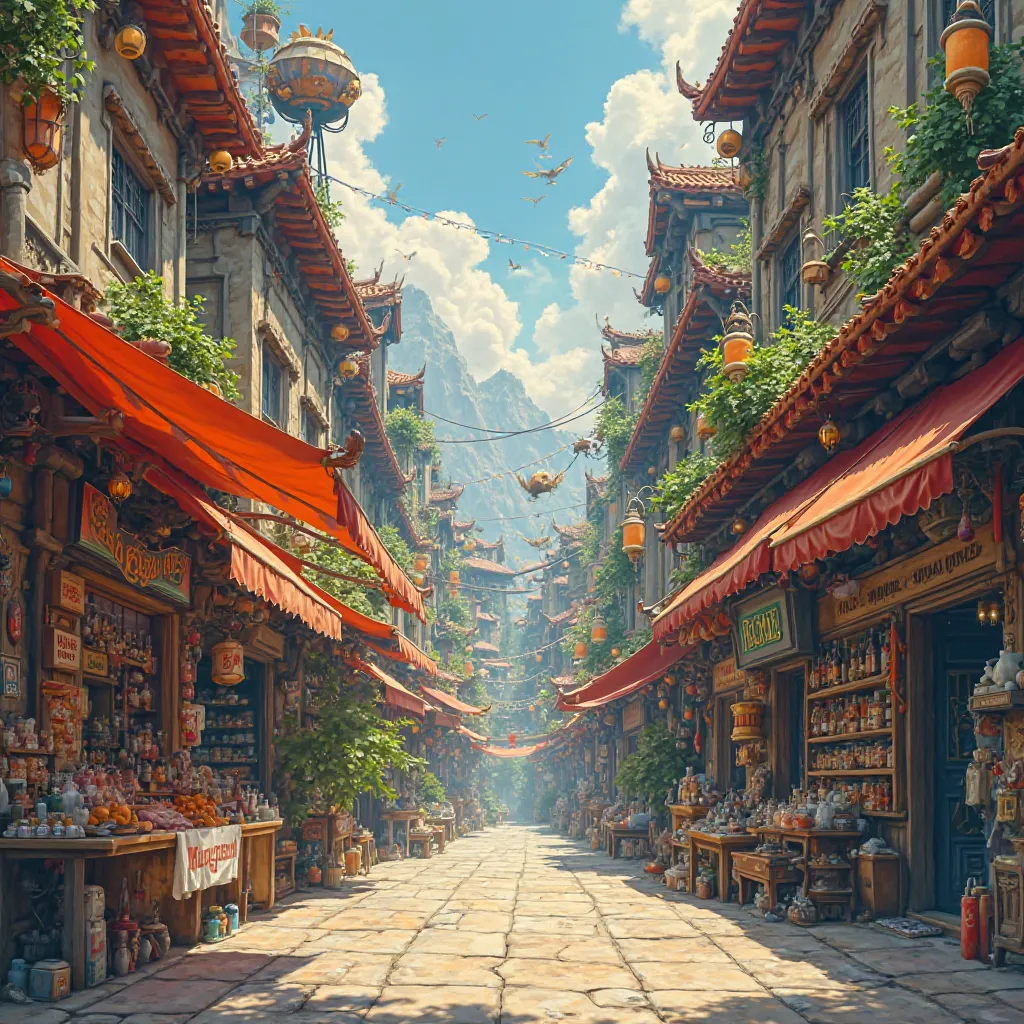 Fantasy world market、with an orange roof、The road is narrow and messy、Warm colors、 orbital space、There are also fantasy creatures、realistic style、No margins、The height of the building is high、It's outside, but there are shadows in the building、It's like th...