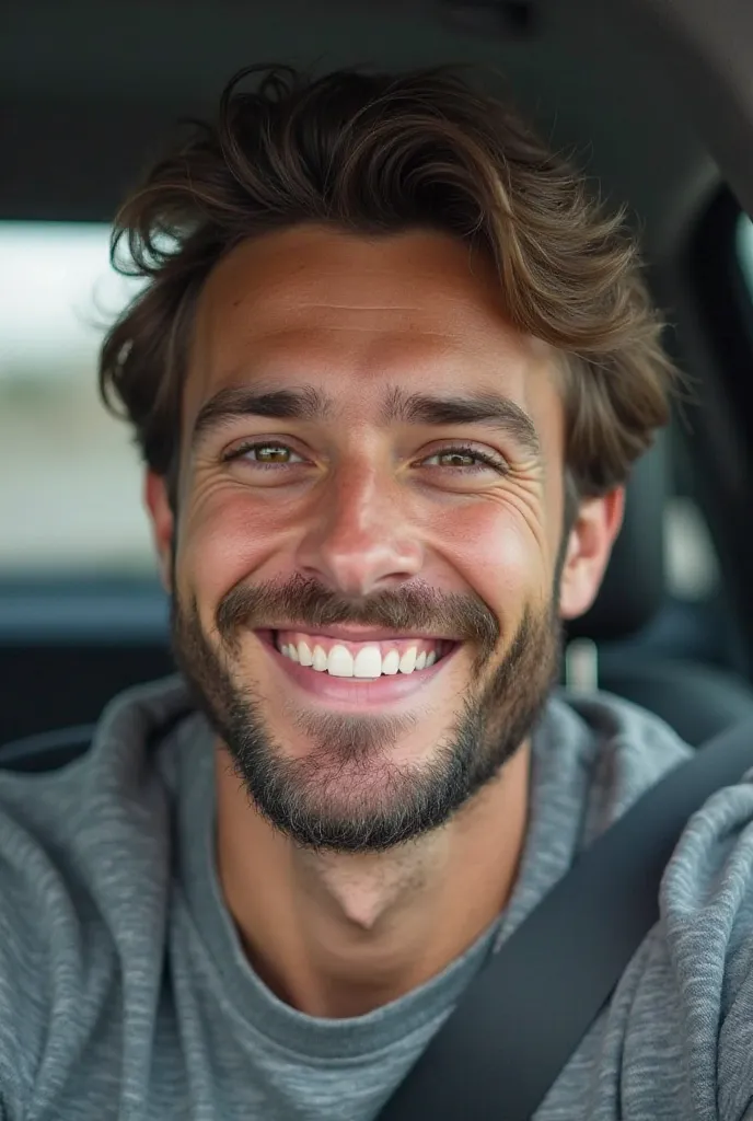 Young man with slightly larger beard smiling inside the car