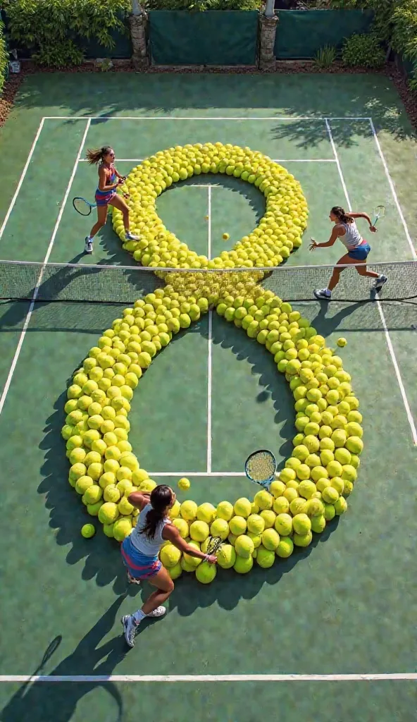 Can you create international woman’s day greeting for tennis players. The woman who plays tennis with her friend at the court. The court has big number 8 that created by tennis balls