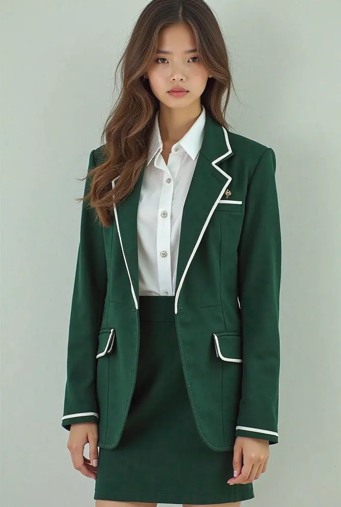 Create a school uniform for women and men that have the color dark green and white, beautiful and original, formal and sporty, full body. 