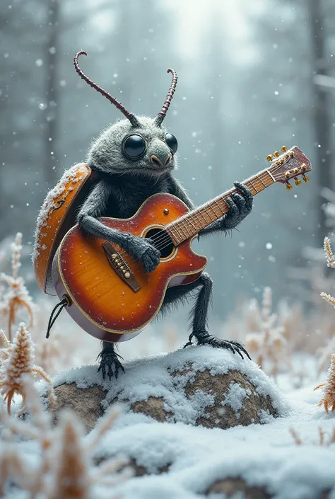 "An anthropomorphized beetle plays an electric guitar with a sunburst finish while balancing on a snow-covered rock in a frozen landscape. Its expressive posture suggests it is completely immersed in the music, with one antenna slightly curved back and its...