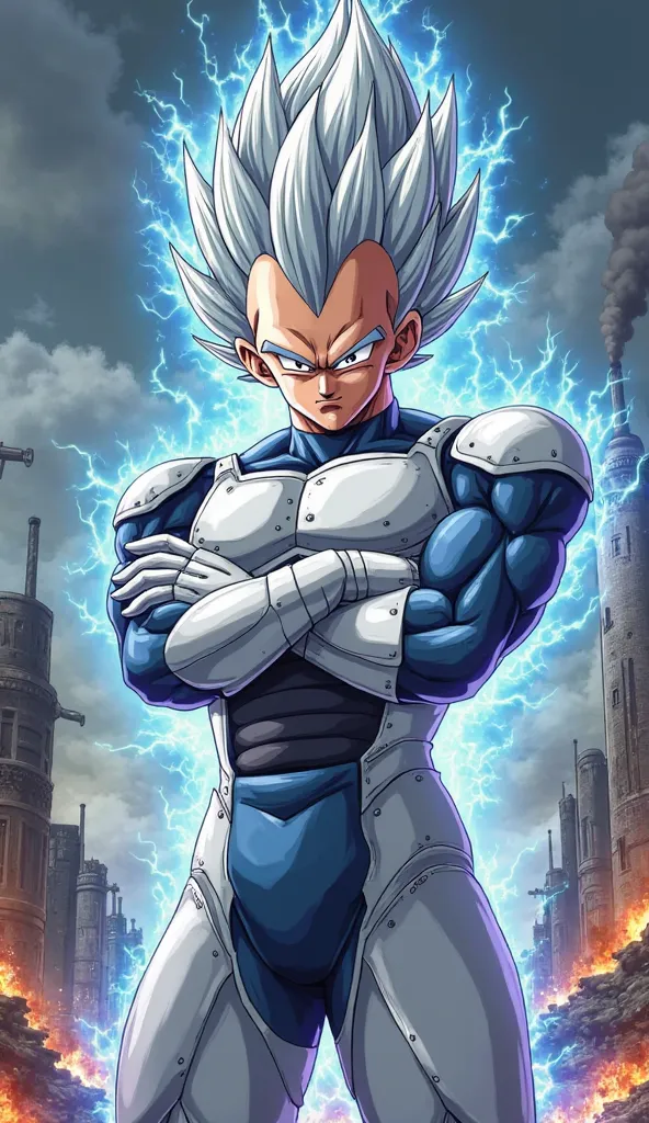 Character: A highly detailed digital illustration of Baby Vegeta from Dragon Ball GT, staying faithful to Akira Toriyama's and Toei Animation's original art style. Baby Vegeta is in his transformed state, with his bio-mechanical white and silver armor fuse...