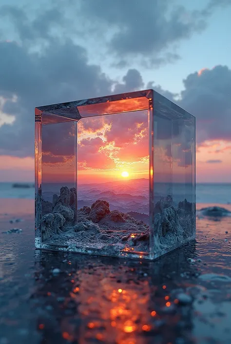 A glass cube in which there is a sunset inside. The cube is made in a conical perspective with a vanishing point on a blue space