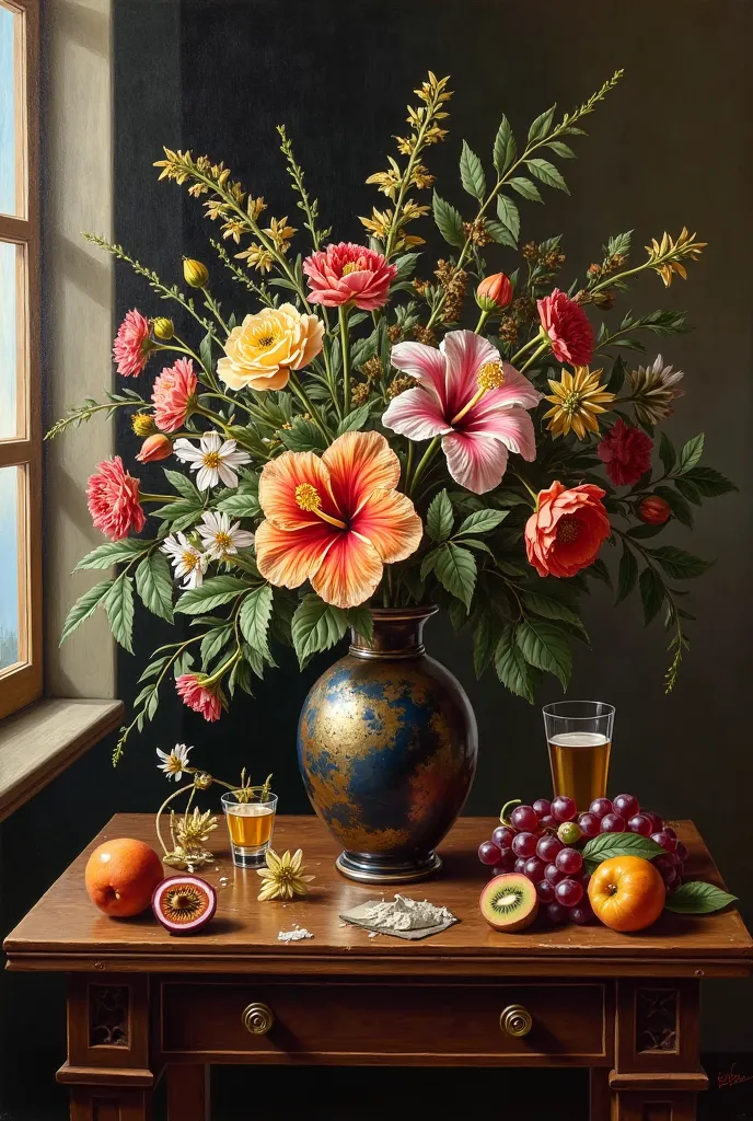 Fais moi une peinture nature morte style renaissance dans une pièce sombre avec une fenêtre.
En premier plant Un vase avec un bouquet avec des hibiscus, du chanvre et d’autres fleurs variés.
Sur une belle table menuiserie sur laquelle est posé un fruit de ...