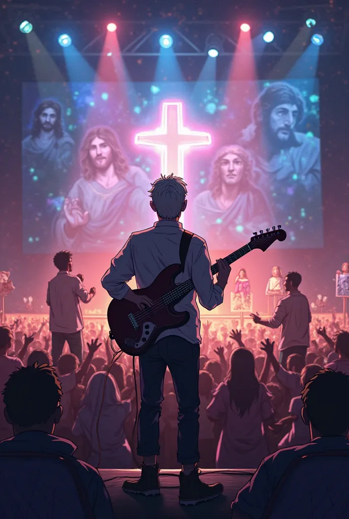 create this image:

**Scenario**: An illuminated stage in a large auditorium. The background is adorned with images of Jesus, representing love and hope. The screen shows a soft animation of lights and Colors that move according to the music.

**personagen...