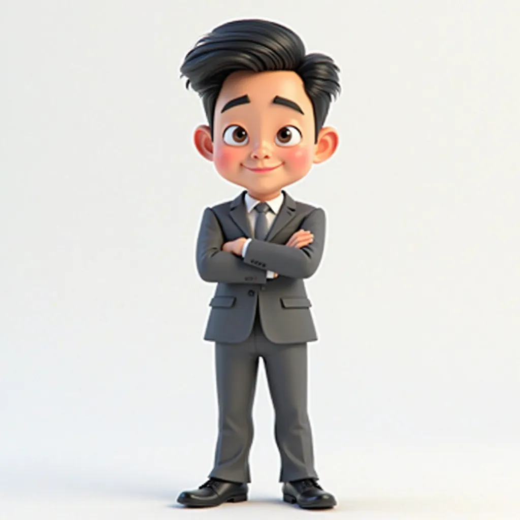 I'm trying to create a somewhat cartoon-like avatar.
He is an Asian man in his early 20s.
He is wearing a gray suit, white shirt, and gray tie.
He is standing with his arms crossed and a confident pose.
Only the upper half of his body is visible.
It should...