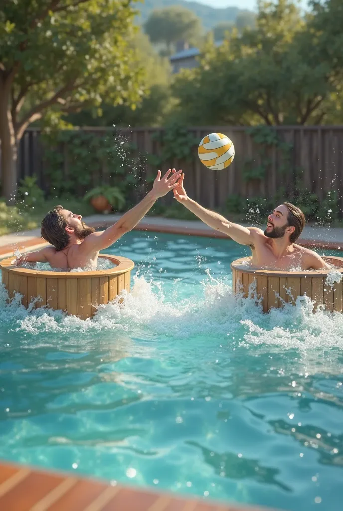 Two hot tubs playing volley ball back and forth