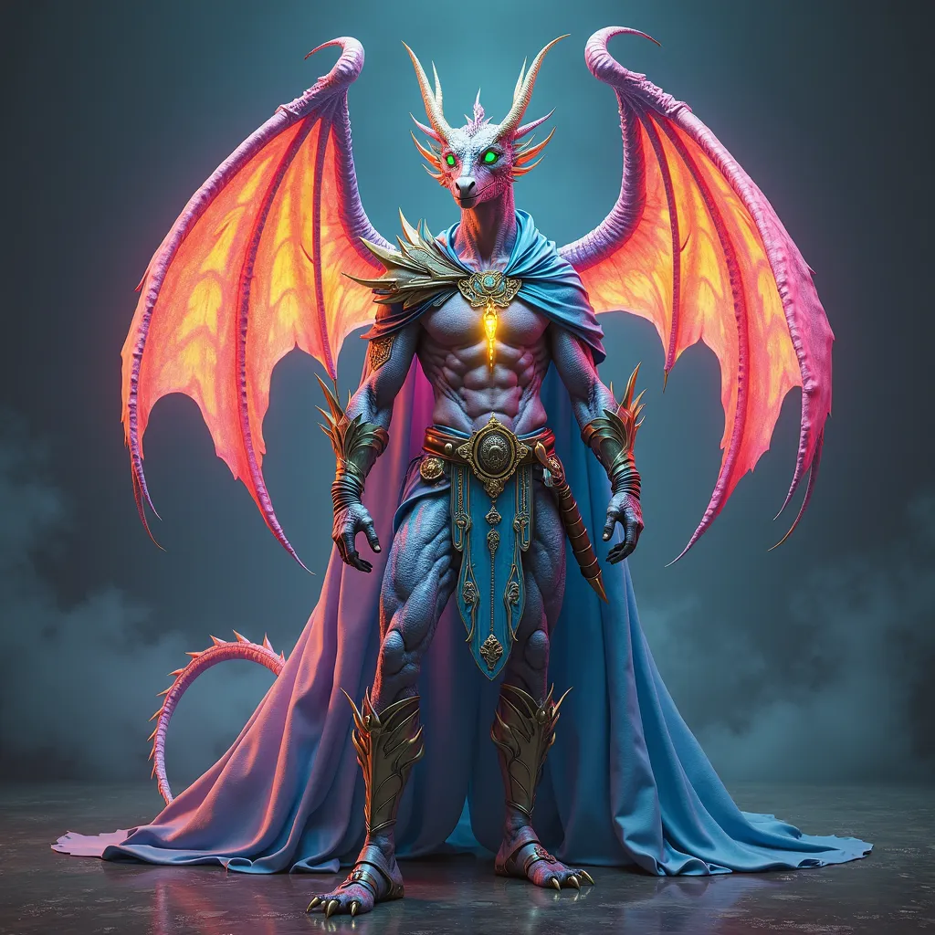 Hyper realistic photo image. Beautiful Male Celestial rainbow anthropomorphic wingless fairy dragon God. Full bright rainbow colored prismatic iridescent metallic scale wingless fairy dragon-human male hybrid with v-shaped torso very muscular body builder ...