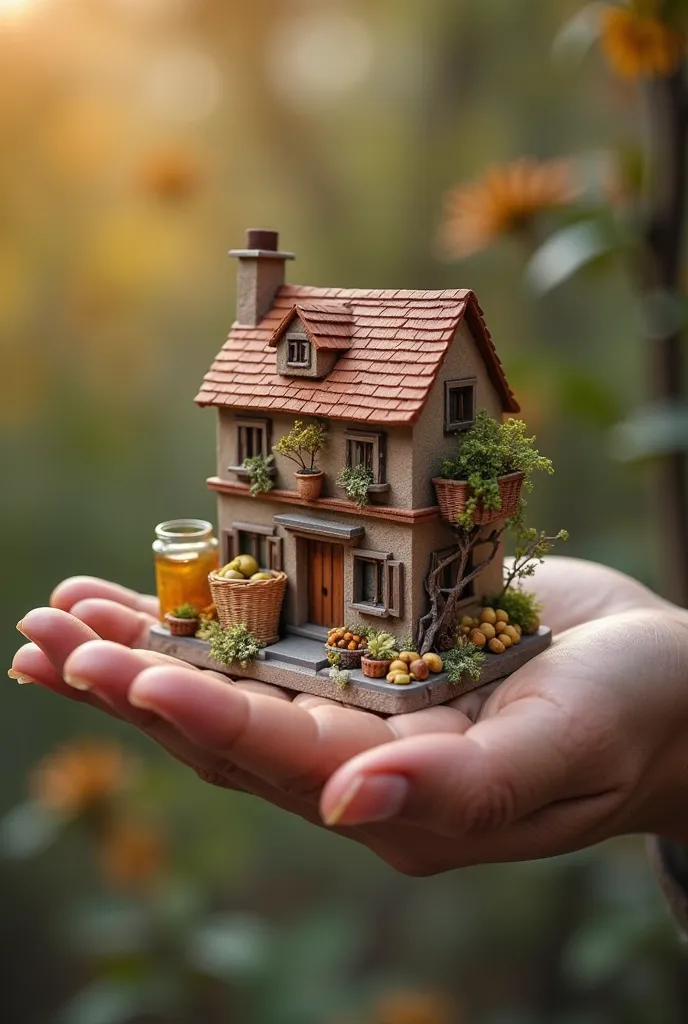 The image shows a business store selling basic products for the home. The curious thing about the image is that the cellar seems to be floating on the palm of one hand, , suggesting a digital manipulation effect or an artistic composition. The scene convey...