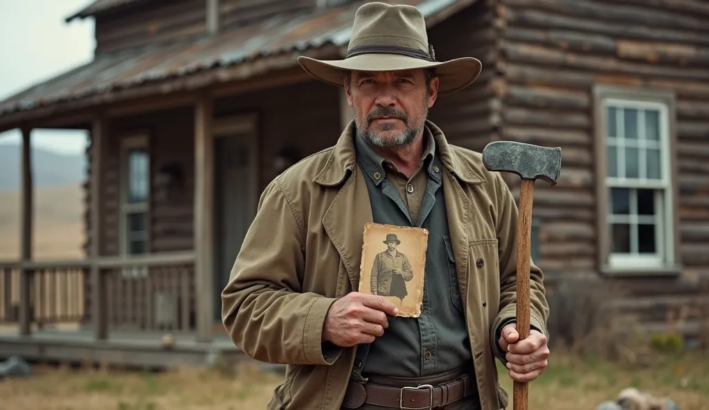 young man, cowboy-style. he's wearing a raincoat, hat and heavy army boots, high quality photo in hand with an ax on the background of a wooden house
