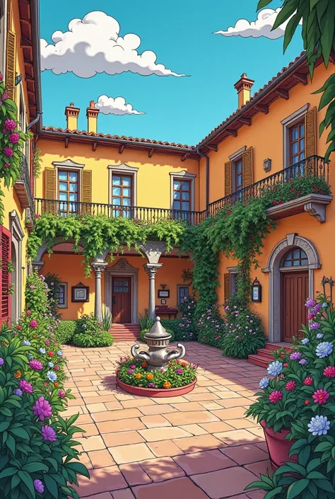 scene in a colorful, cartoonish version of a traditional Italian courtyard, complete with vibrant flowers and a sunny sky a simpsons theme