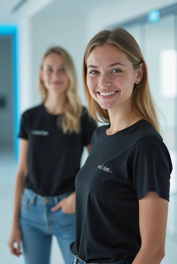 Concept: A young woman with a bright smile, wearing a black t-shirt with the name "Value" in small letters on the right side, standing on the right side of the image, with a young blonde woman in a modern and minimalist white background with blue accents.
...