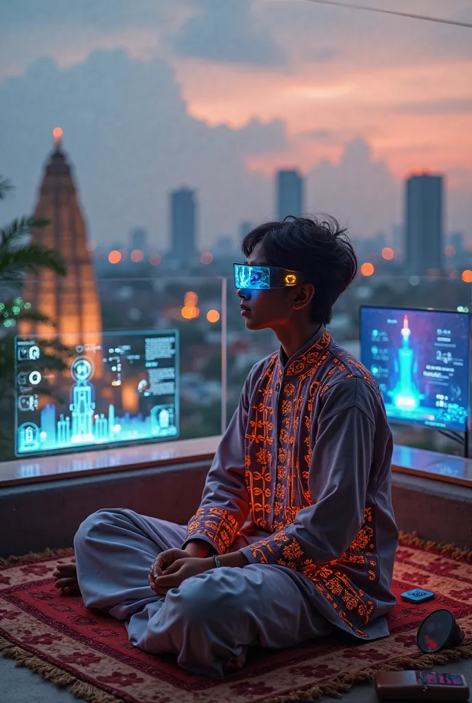 A futuristic rooftop setting in Bangalore's tech district at dusk, with a tech-savvy Indian youth seamlessly blending traditional and futuristic elements. They're wearing a smart fabric jacket with LED thread embroidery mimicking traditional Indian pattern...