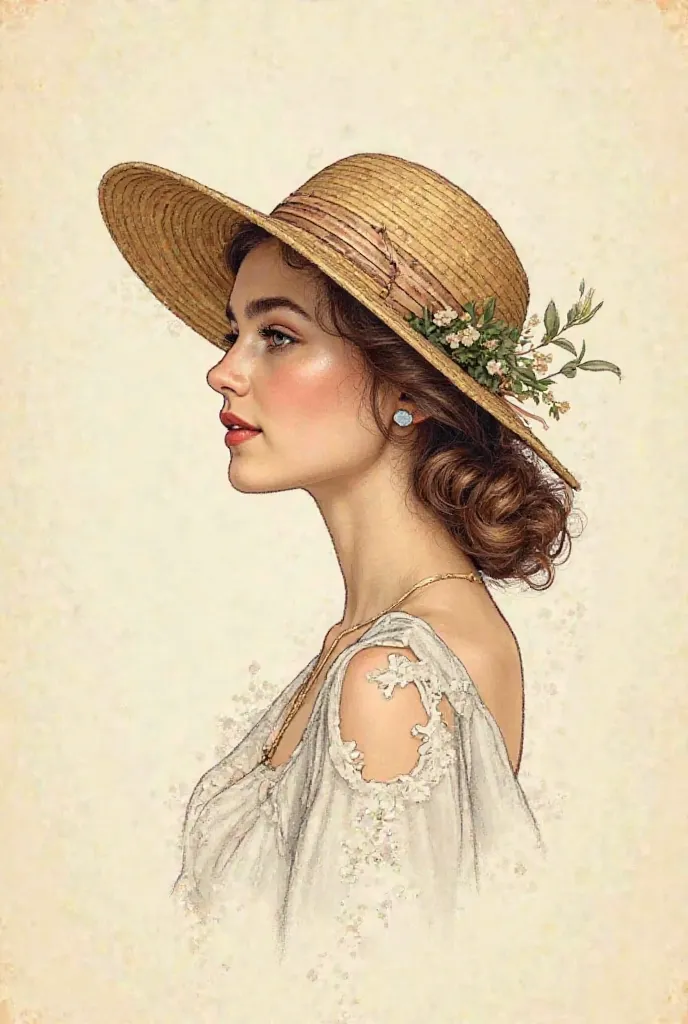 Make me a vintage-colored cover with the profile of a girl in drawing style, wearing an elegant summer hat and the background is vanilla, This cover is for a small company that says: Velvet Touch, With elegant letter  