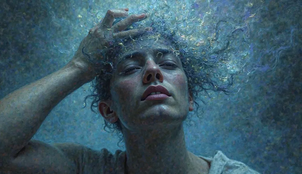 A close-up of a person holding their head in pain, surrounded by faint, swirling light that represents mental energy and emotional tension. In the background, an abstract representation of tangled thoughts and emotions in dark colors, gradually dissolving ...