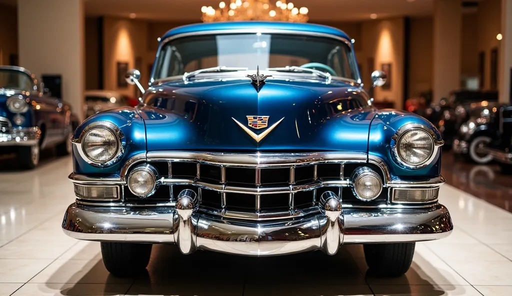 "A bold front view of a Cadillac DeVille (1949–2005) in a high-end showroom. The car is in a deep royal blue color, showcasing its iconic chrome grille, classic headlights, and luxurious hood ornament. The Cadillac logo is prominently displayed. The backgr...