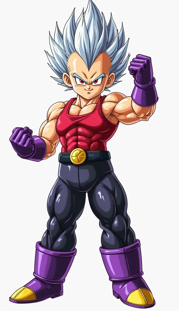 A highly detailed digital illustration of Baby Vegeta from Dragon Ball GT, in a powerful pose with his fist raised. He has sharp, silver-white spiky hair, red eyes with black pupils, and a menacing smirk that showcases his arrogance and confidence. His mus...