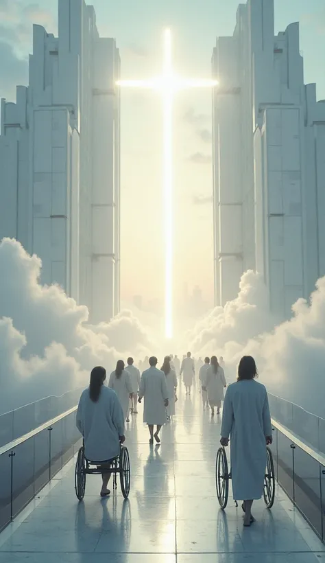 "A heavenly scene with a grand, futuristic portal made of light and towering white structures, featuring a glowing cross at the center. A long, elevated, transparent walkway leads to the portal, surrounded by clouds and offering a panoramic view of a mysti...