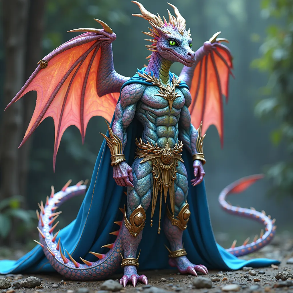 Hyper realistic photo image. Beautiful Male Celestial rainbow anthropomorphic wingless fairy dragon God. Full bright rainbow colored prismatic iridescent metallic scale wingless fairy dragon-human male hybrid with v-shaped torso very muscular body builder ...