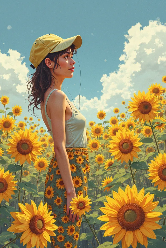 focused on the last drawing, I wish it didn't have headphones, And that you can see many more flowers, even if you can't see the sky, If not the infinity of sunflowers, as if you were seeing it from a higher height. I also want the legs and waist to be cov...