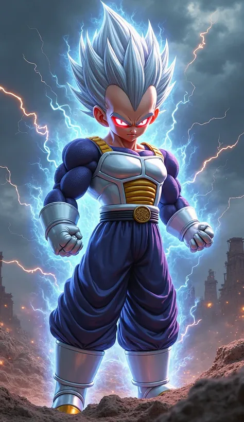 A hyper-realistic and highly detailed digital painting of Baby Vegeta from Dragon Ball GT. His appearance is a fusion of Saiyan and Tuffle DNA, with biomechanical armor organically integrated into his muscular physique. His silver-white hair is sharp and s...