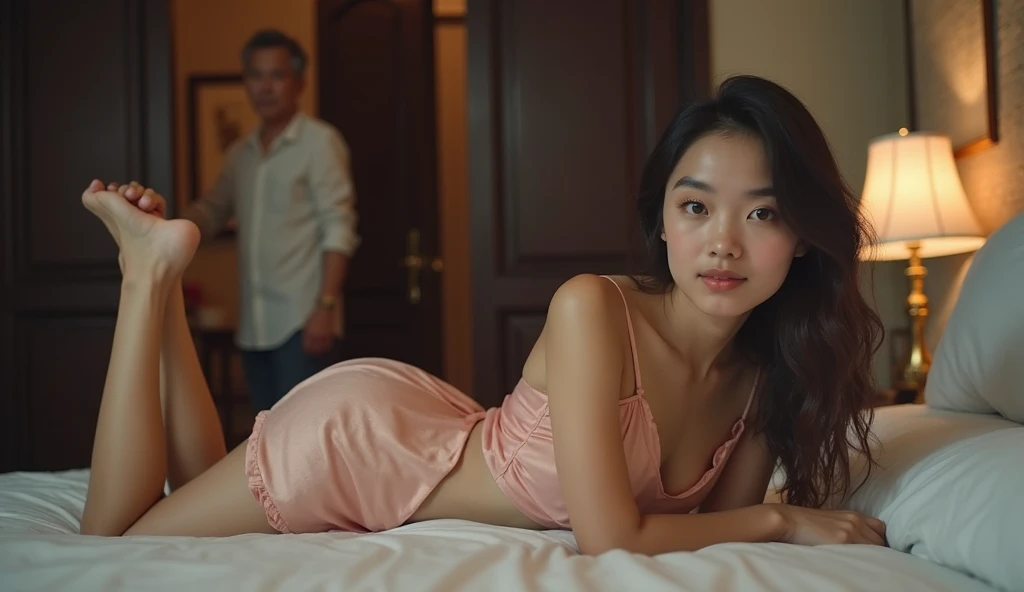 image in a luxurious bedroom at night with soft white light, a 20 year old Vietnamese girl wearing a revealing light pink short nightgown is lying on her stomach on the bed, posing towards the camera, behind her is a soft, blurry middle-aged Vietnamese man...