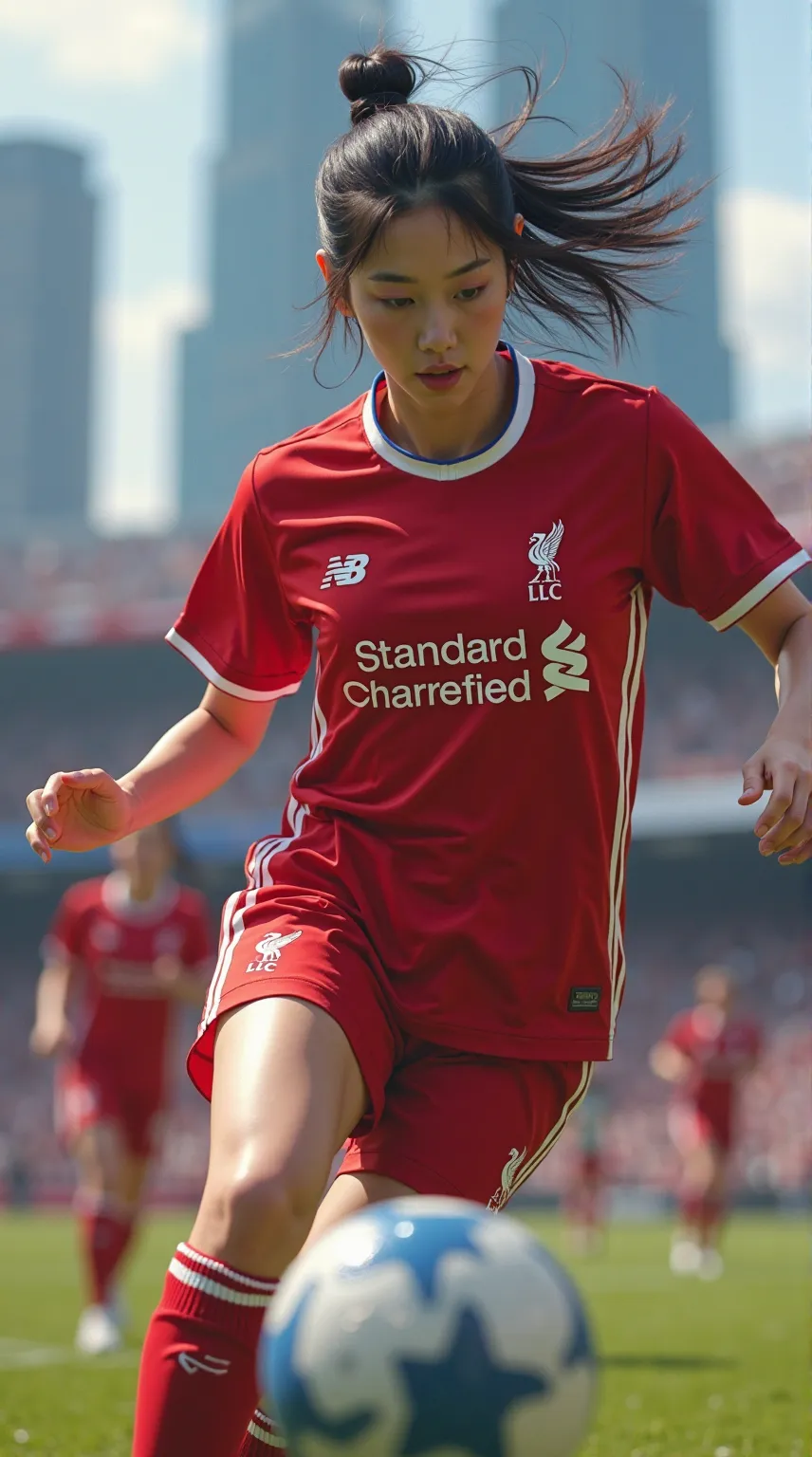 Lisa Blackpink playing soccer in a liverpoolshirt