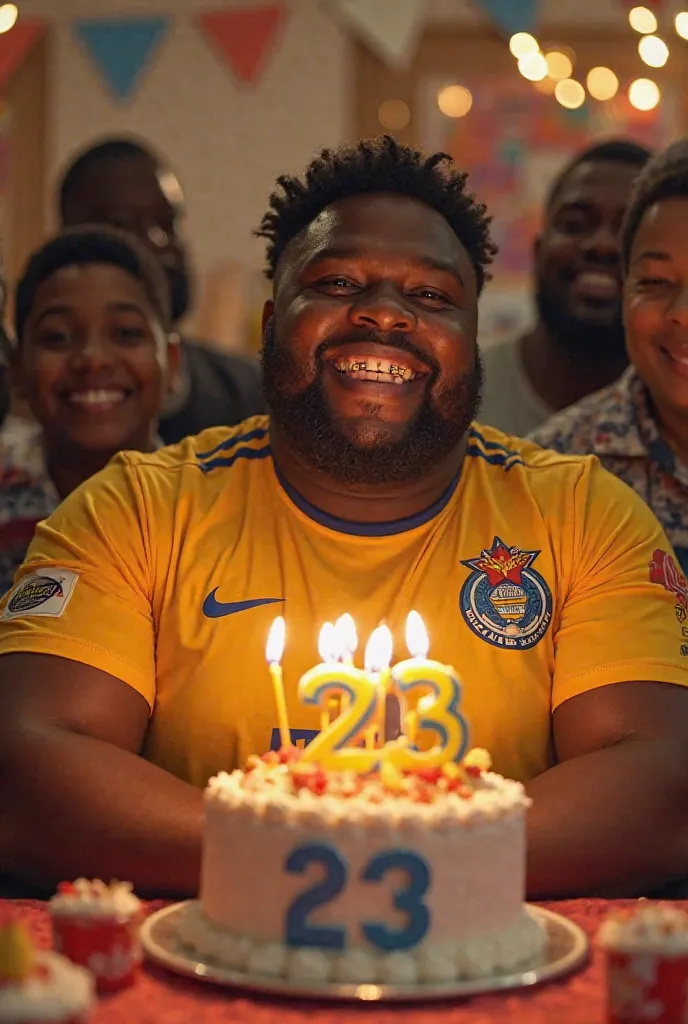 A birthday of a half-obese man of African descent with braces blowing the candle on a birthday cake with the number 23 wearing the Olimpia de Paraguay t-shirt and saying happy birthday Trope