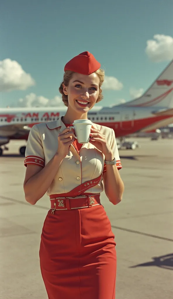 Beautiful stewardess, Wear Pan Am uniform, behind it is a Boeing 737 plane, the sky is clear, Are there some clouds, the weather is nice, The image is of good quality, real photo,  vintage style, She is drinking a coffee, vintage Pan Am style poster