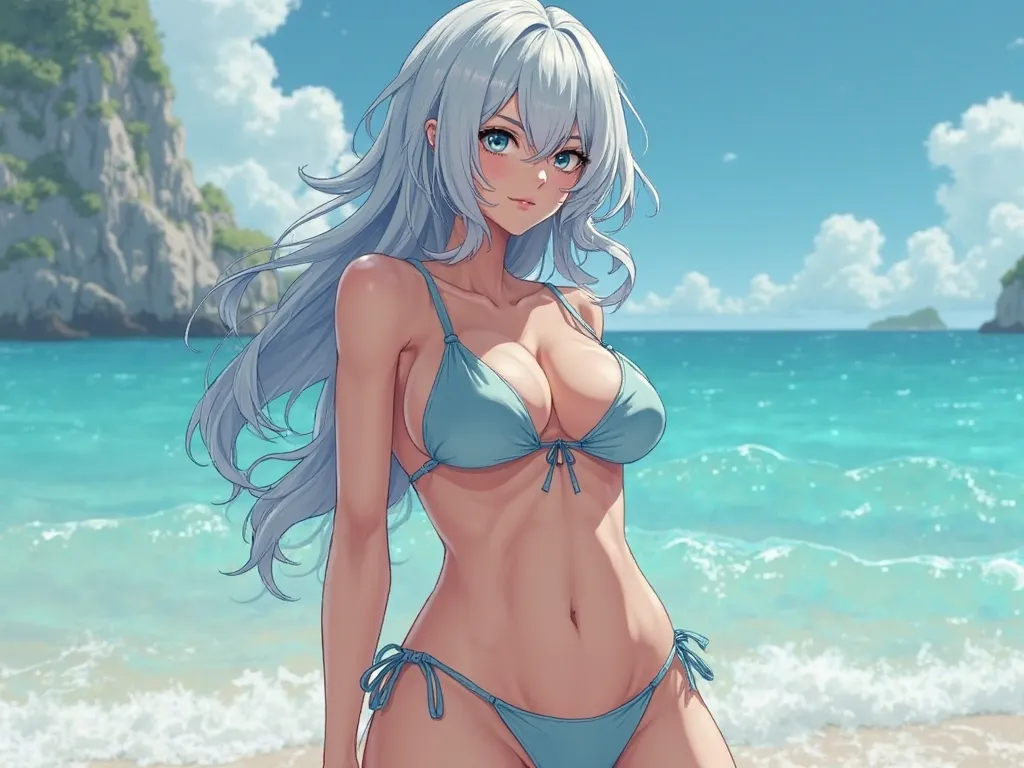 , white eyed blue hair huge ass and huge tits, wearing a bikini but missing swimming trunks