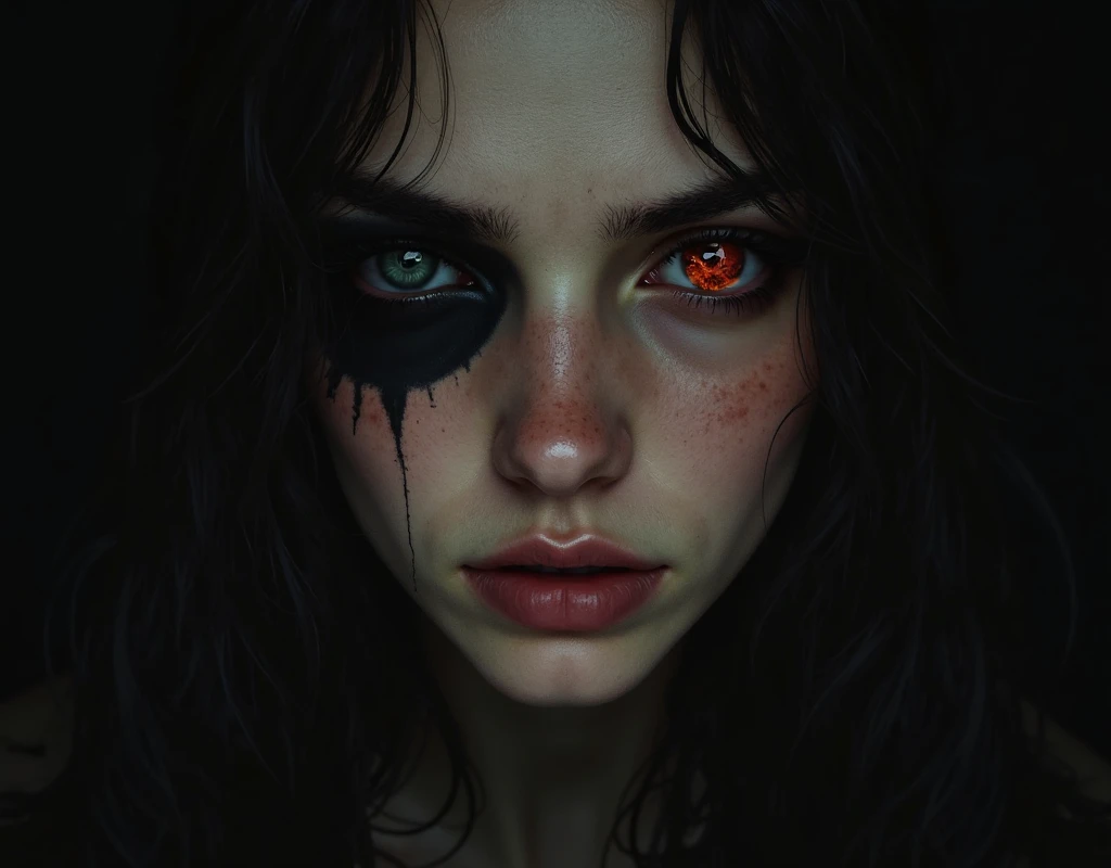 There's a close up in the eyes of a beautiful girl,  sad intricate heterochromia , black eyes, angry looking at camera, angry look, angry looking, with serious expression on his face , Looking Directly Into the Camera, angry look in his face, looking inten...