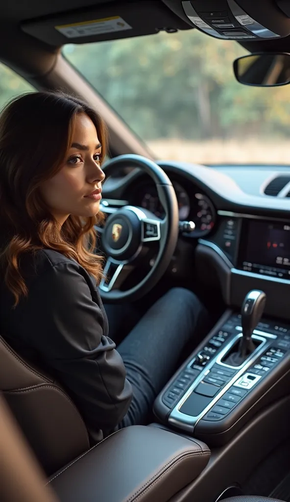 Brunette girl sits thoughtfully in a Porsche Macan