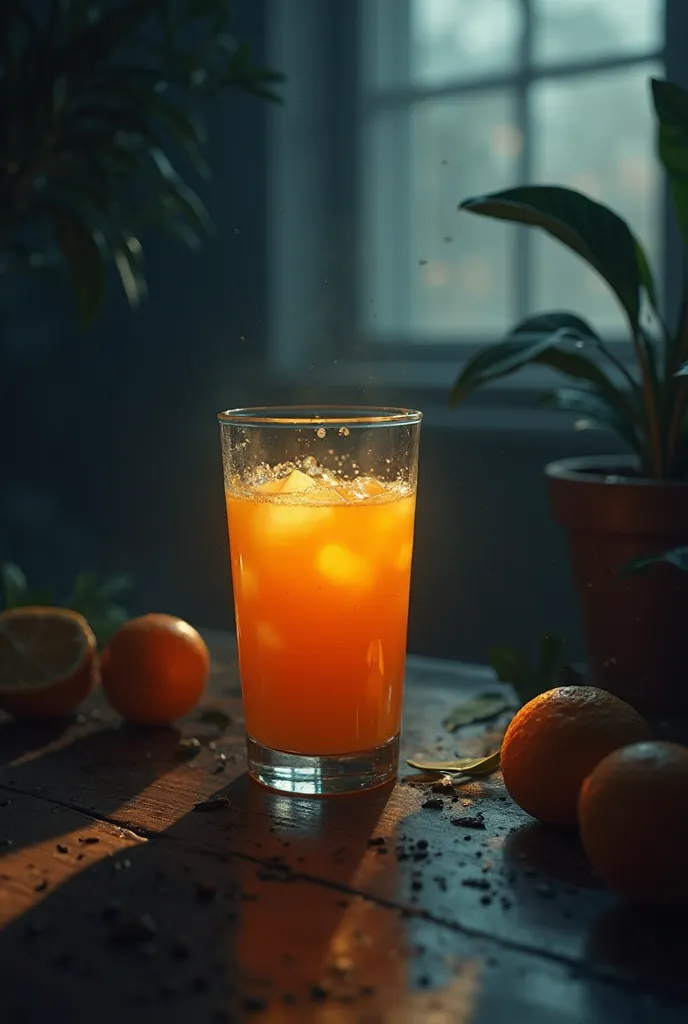 environment,  8K Ultra HD, a glass of orange juice with a dark climate 