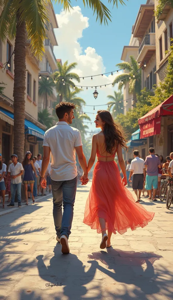 Beautiful couple walk on street digital painting realistic 