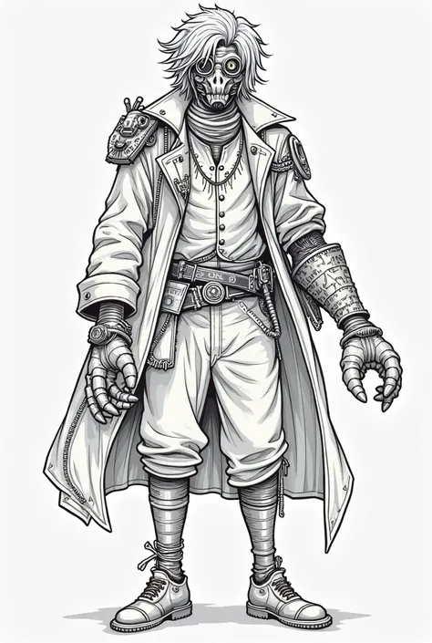 Create a similar hybrid warlock. It needs to be in a line art style with no shading or anything of the sort. He is a male, humanoid person. With one arm being that of a    lobster’s claw. His clothes are steam punk fashion inspired. With his left forearm, ...