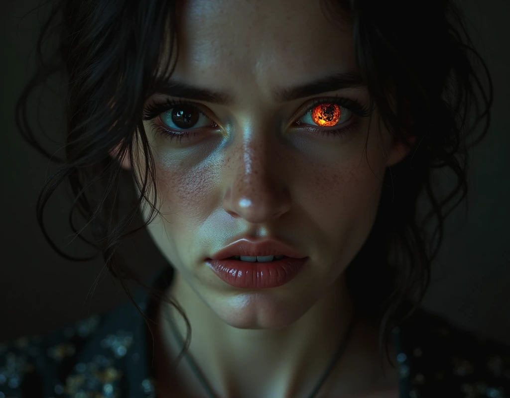 There's a close up in the eyes of a beautiful girl,  sad intricate heterochromia , black eyes, angry looking at camera, angry look, angry looking, with serious expression on his face , Looking Directly Into the Camera, angry look in his face, looking inten...