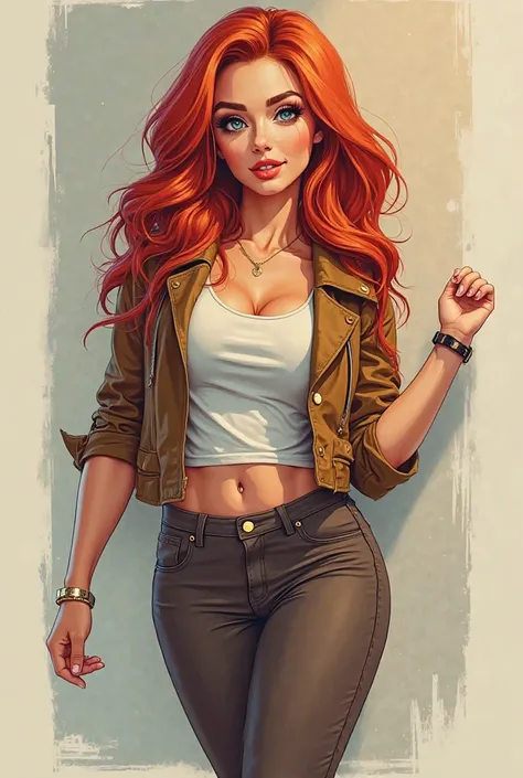 Realistic style poster of a 30 year old girl ,with red and wavy hair,  ROUND FACE EYEBROWS,  round and blue eyes , stylized, fashionably dressed with pants and showing off her legs 