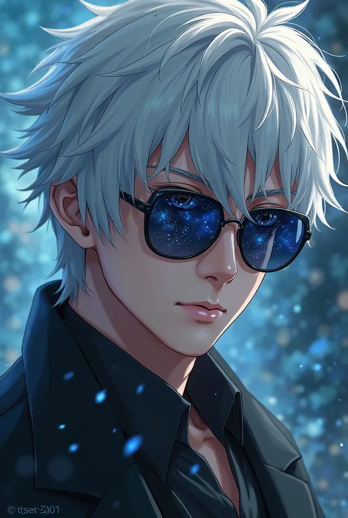 Satoru Gojo, Jujutsu Kaisen, Handsome man with white medium length hair, wearing sunglasses and blue galaxy in his eyes, Sunglasses on the bridge of his nose, revealing his deep blue eyes, looking at viewers, hyper-realistic atmospheres, details, 8k