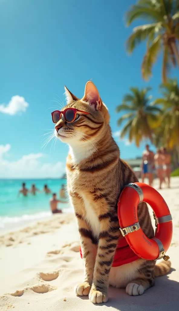 "A lifeguard cat standing proudly on a Miami beach, watching over the ocean. The cat has a calm and focused expression with its mouth closed. It wears red lifeguard shorts and sunglasses, with a rescue float by its side. The background features a bright bl...