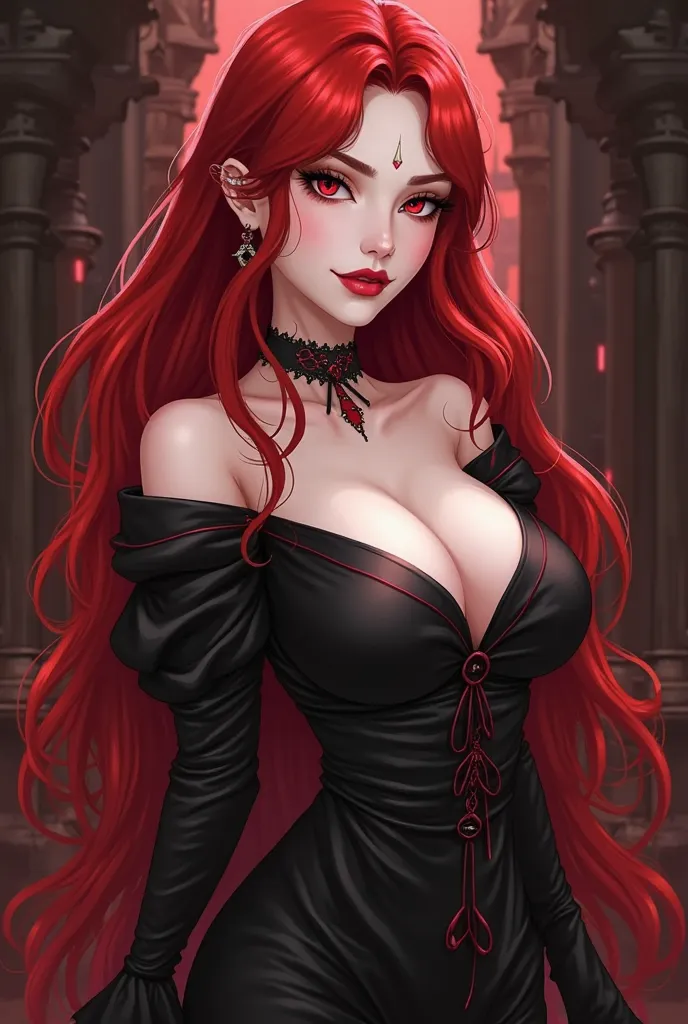 mature woman, Vampire Queen,  long red hair , pale skin,  fine and elegant features,  light red eyes,   evil expression , sexy smile, REDDISH LIPS EFFECT, Modern Hairstyle,  voluptuous sensual body, with elegant clothes, clan true brujah de vampire masquer...