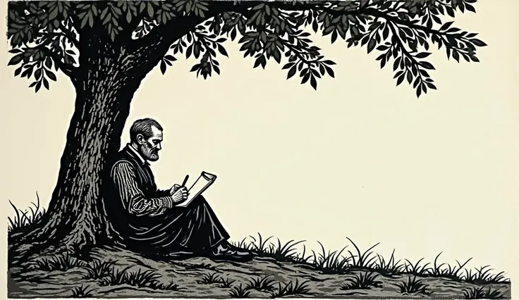 A quiet, contemplative image of Tolstoy sitting under a tree, writing a letter or journal entry, expressing his final peace and understanding of life. The image is in the style of a woodcut or linocut engraving