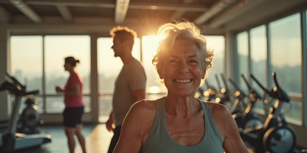 CINEMATIC IMAGE OF A 70-year-old lady exercising at a GYM, SHE IS SMILING AND HAPPY. IT'S A SMALL GYM WITH GLASS WALLS. BEAUTIFUL SUNLIGHT COMES THROUGH THE WINDOWS. SOME PEOPLE ARE IN THE BACKGROUND. THIS IMAGE HAS THE TEXTURE OF OLD FILM LENSES. THE IMAG...