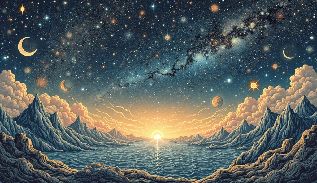 A beautiful, celestial landscape representing the infinite possibilities of consciousness, as Tolstoy’s journey leads him to a new, peaceful existence. The image is in the style of a woodcut or linocut engraving