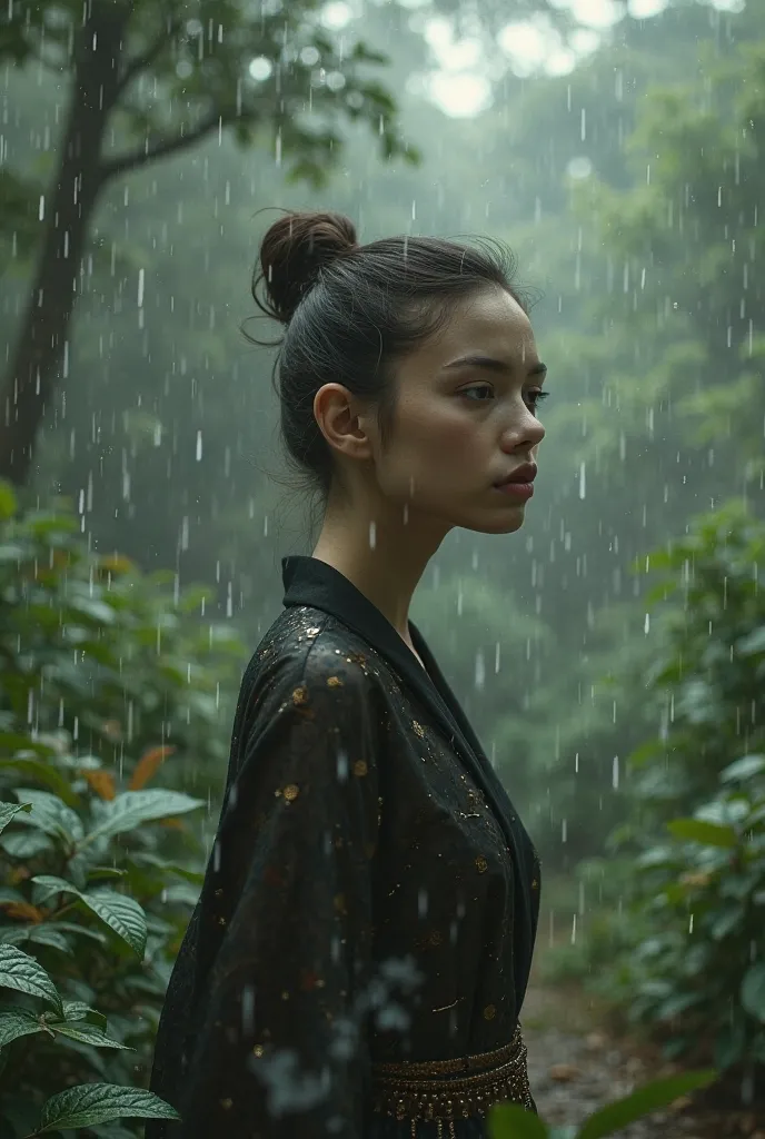 A rich girl in a forest with quiet rain cloudy at 47 % 